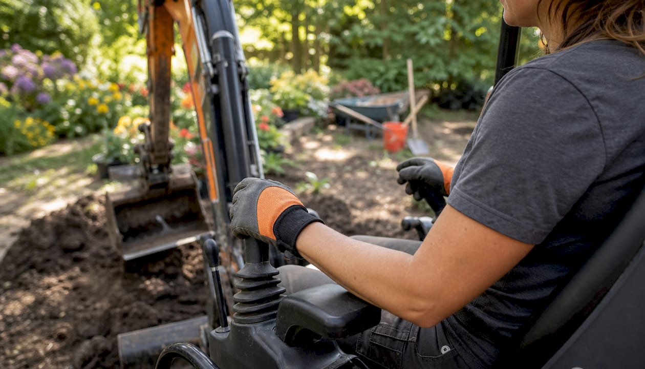 Hands operating mini excavator controls in backyard