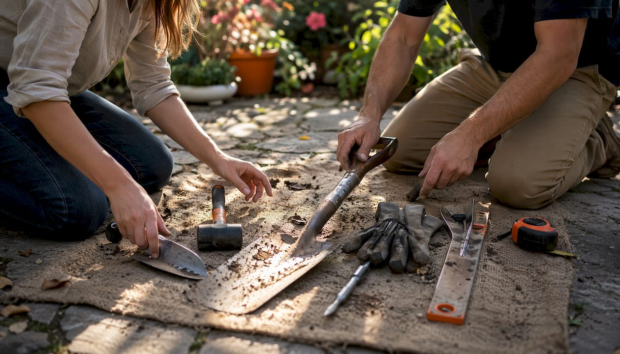 Hands selecting hand tools for excavation