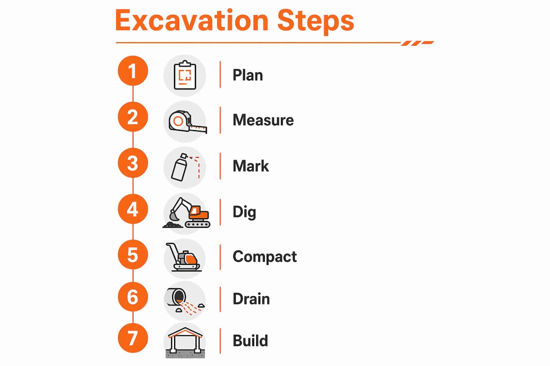 Infographic showing key excavation steps for retaining walls