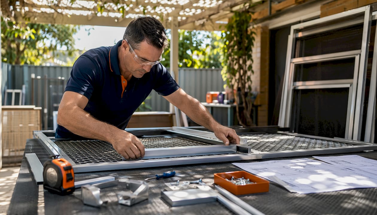 Technician measuring security screen frame in workshop