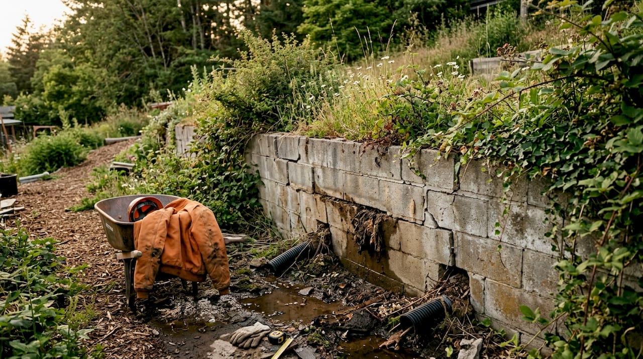 Close-up of retaining wall with soil pressure and blocked drainage