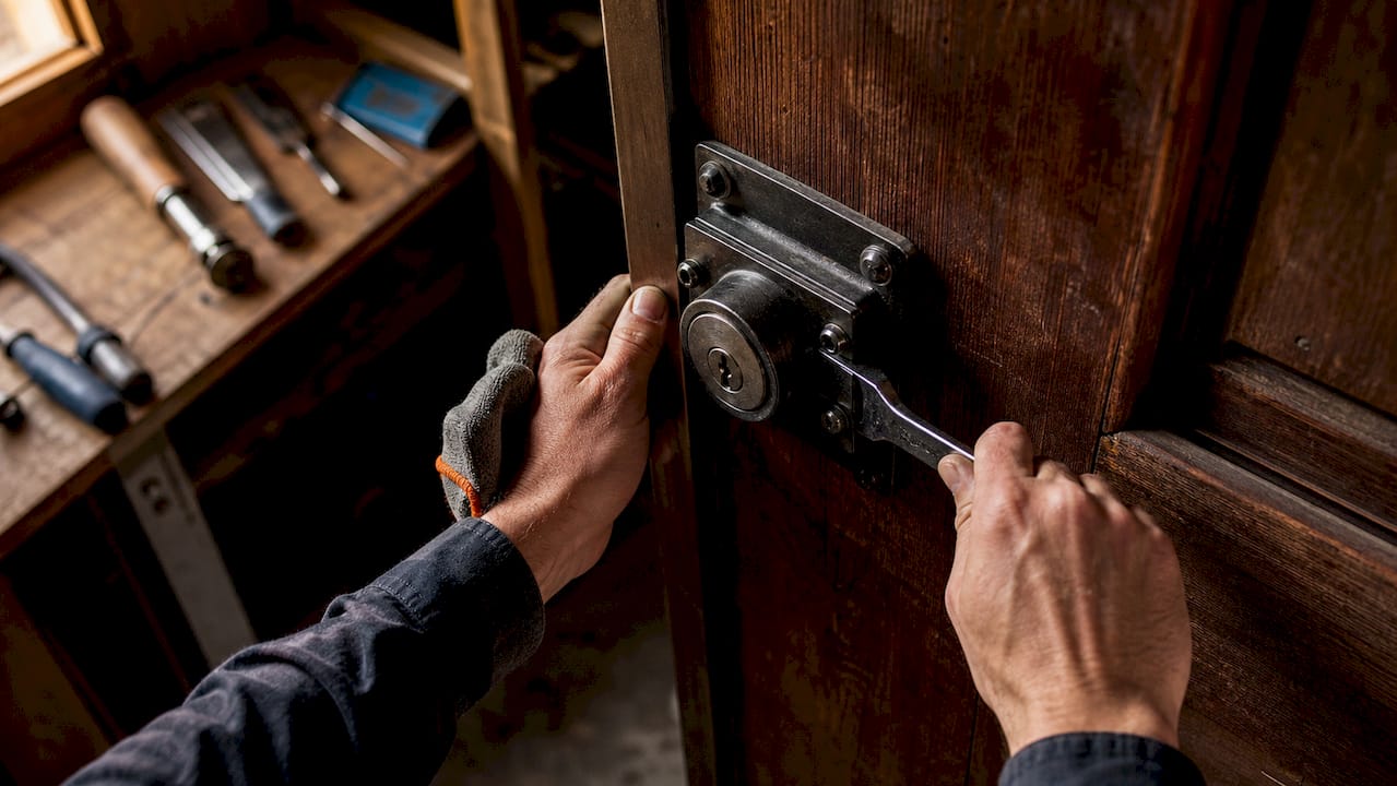 Close-up hands installing deadbolt lock on door