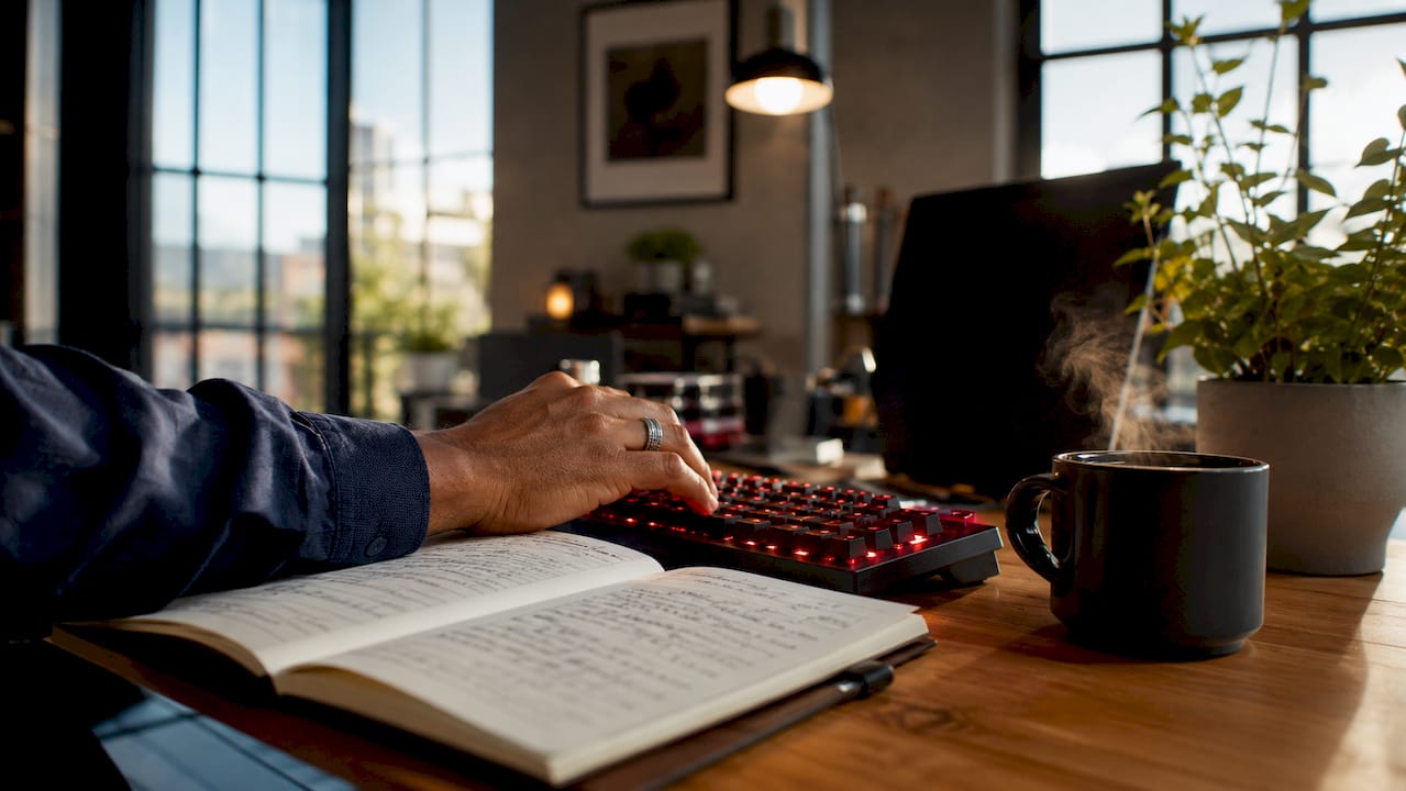 Close-up of hand typing on keyboard with coding setup