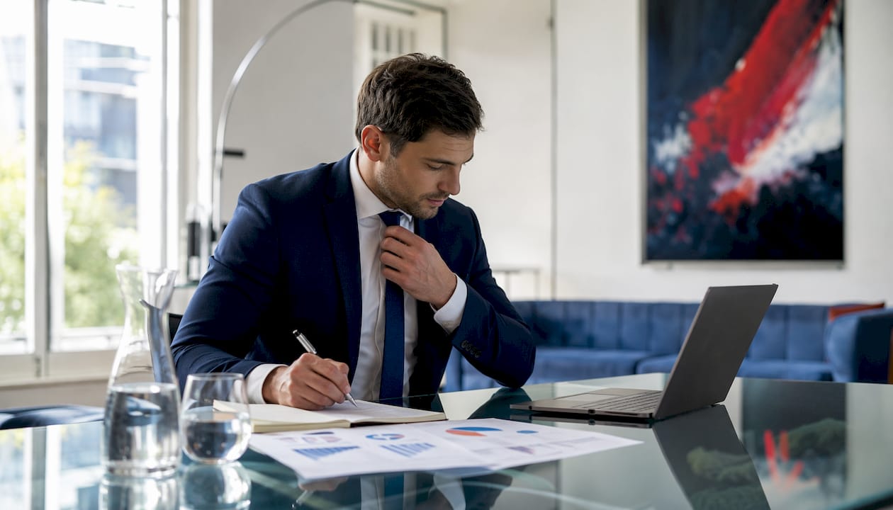 Business coach reviewing documents in office