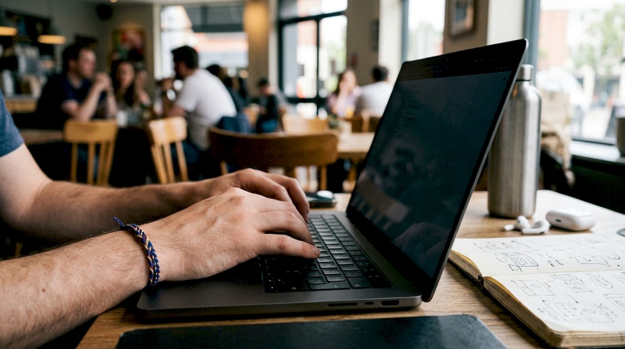 Hands typing on laptop in co-working space