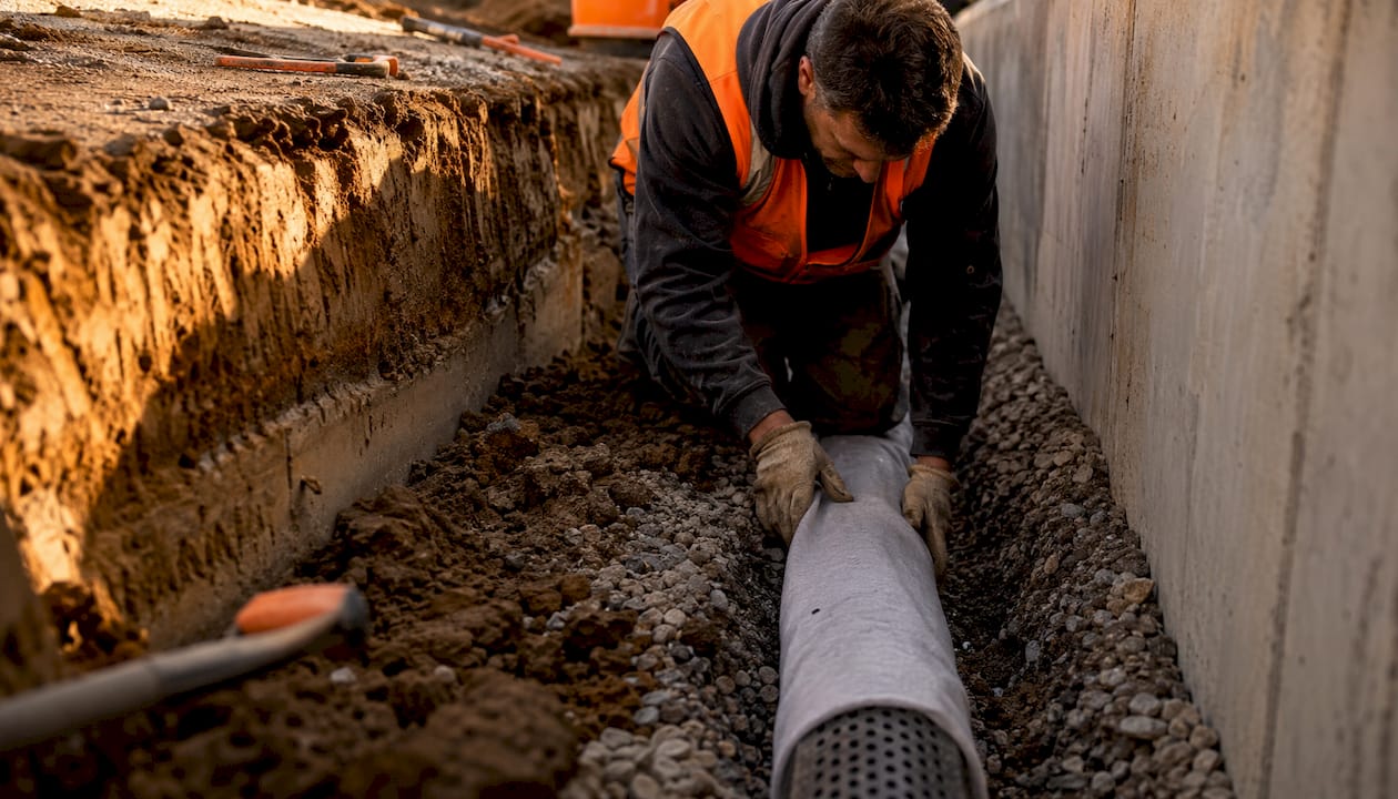 Hands installing ag pipe wrapped in filter sock