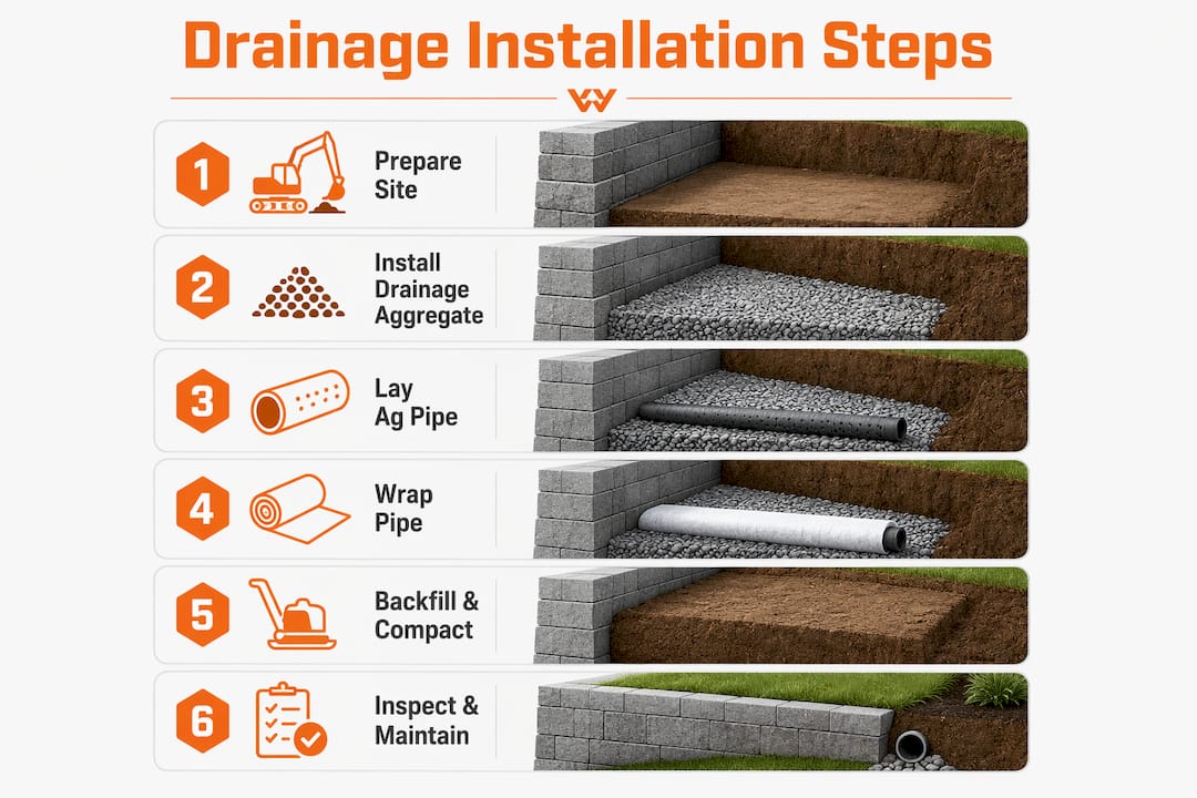 Infographic illustrating retaining wall drainage installation steps