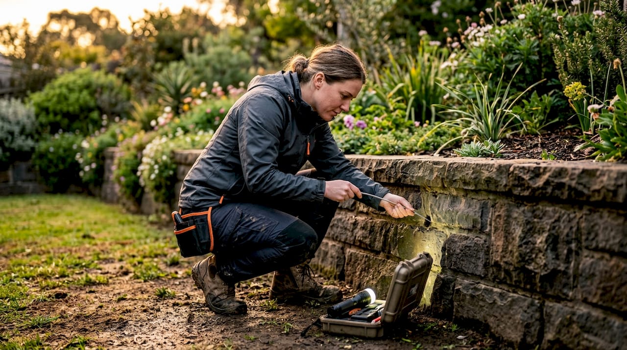 Technician inspecting weep holes on retaining wall