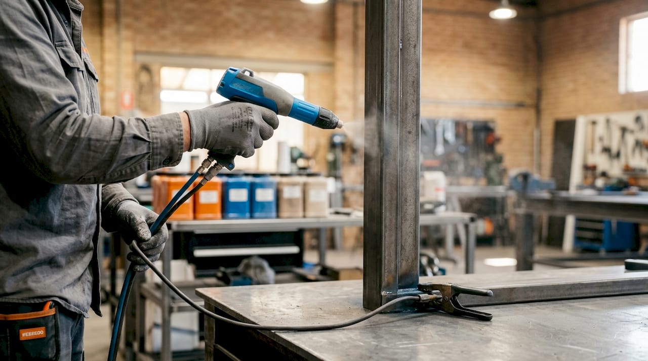 Close-up powder coating on steel door frame