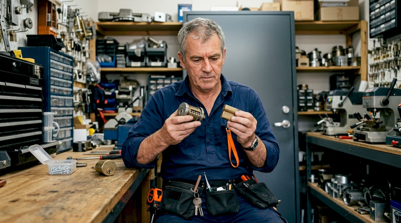 Hands comparing security door lock cylinders