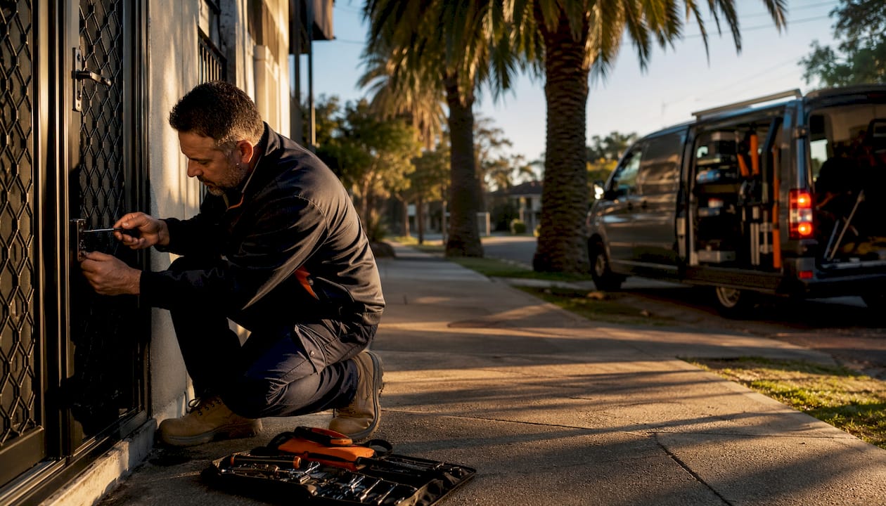 Emergency locksmith unlocking residential security door