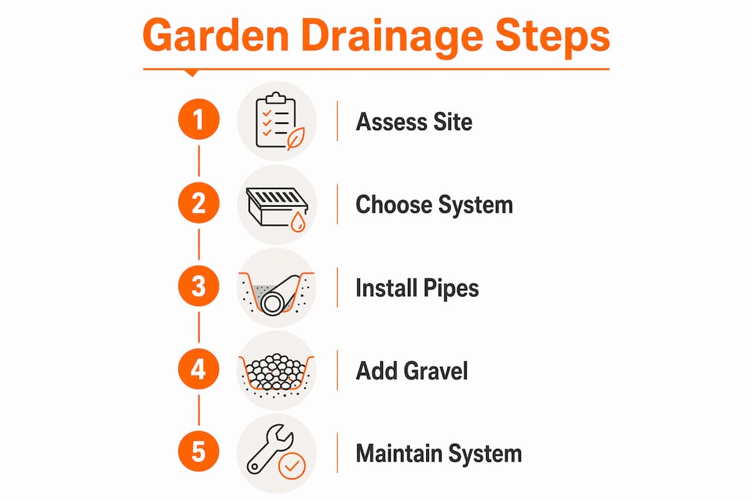 Step-by-step infographic for garden drainage solutions