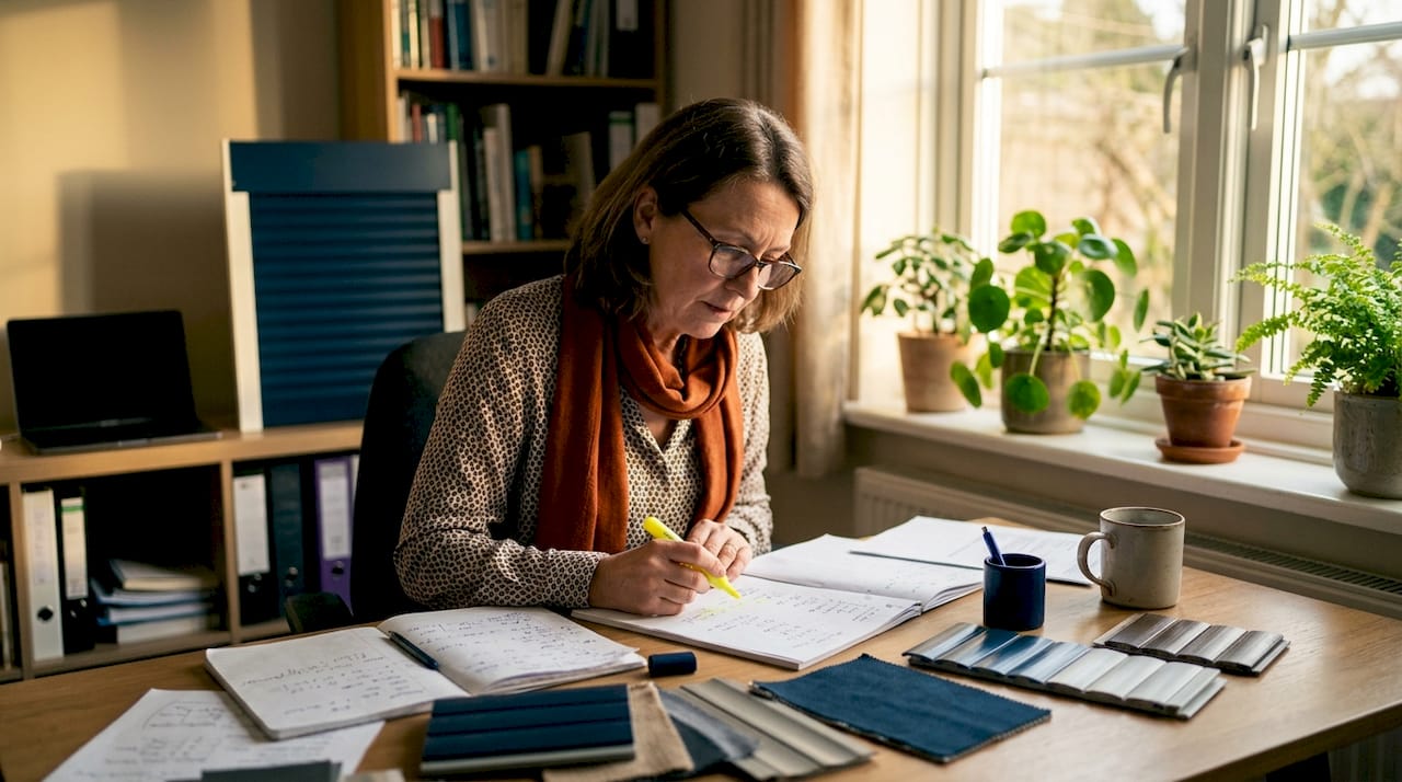 Homeowner comparing solar shutter pricing documents