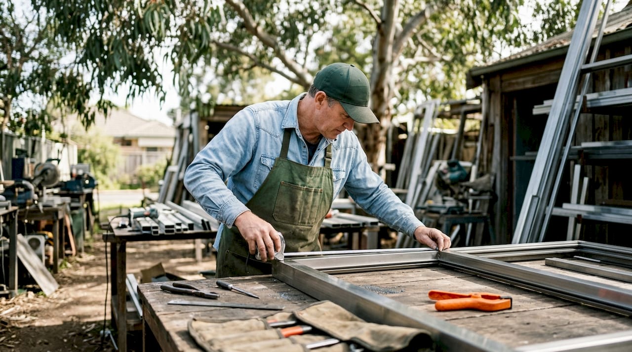 Craftsman assembling sliding security door frame