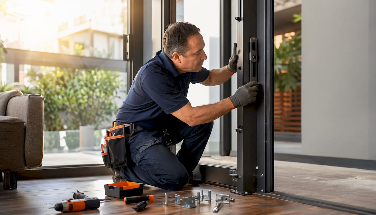 Technician installing apartment security door