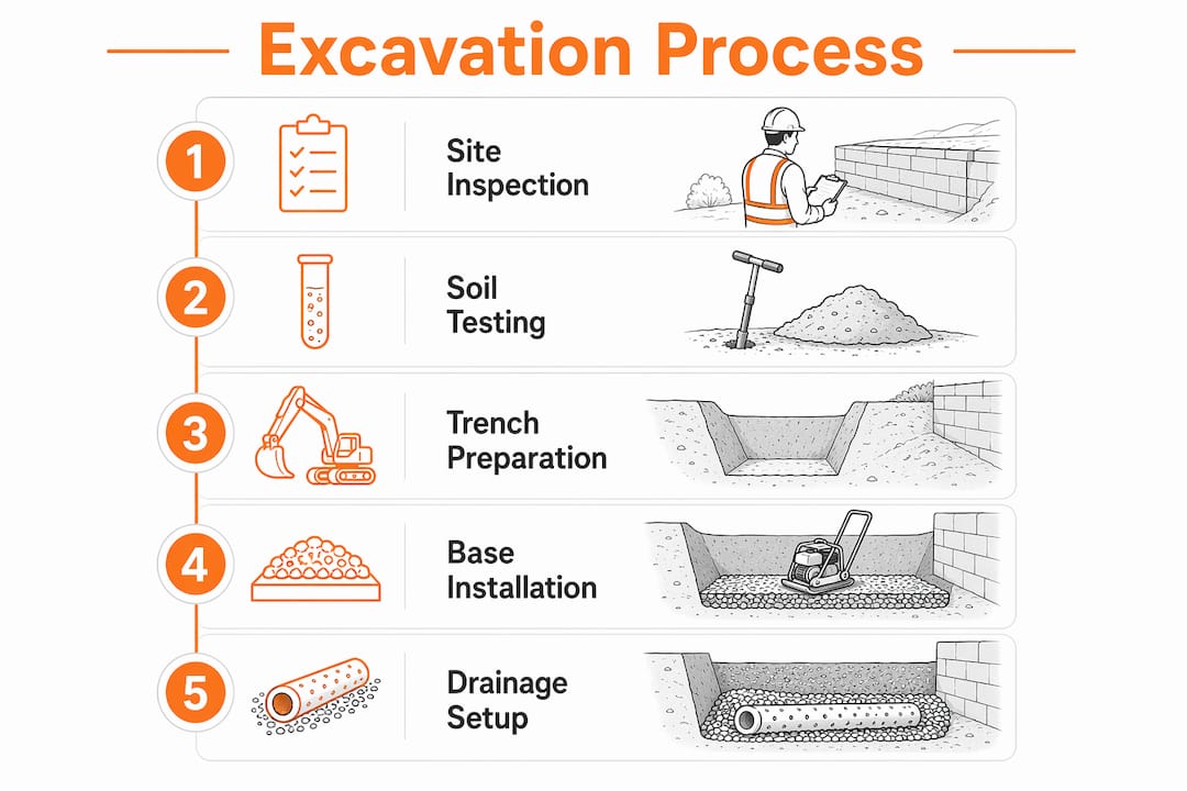 Infographic showing retaining wall excavation steps