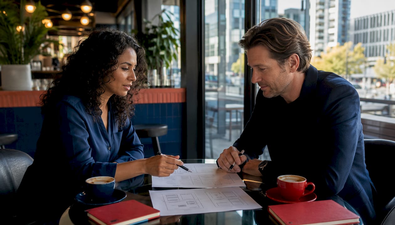 Two professionals discussing web design plans