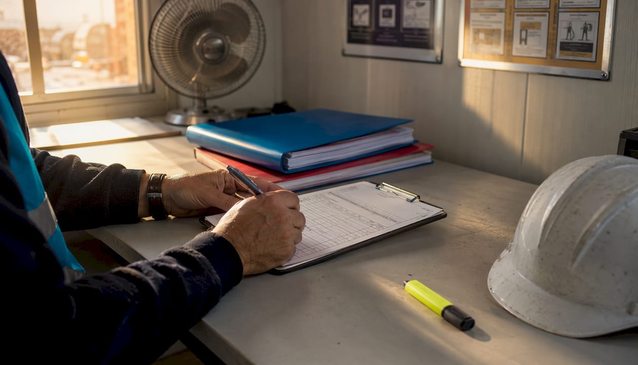 Hands completing environmental checklist on clipboard