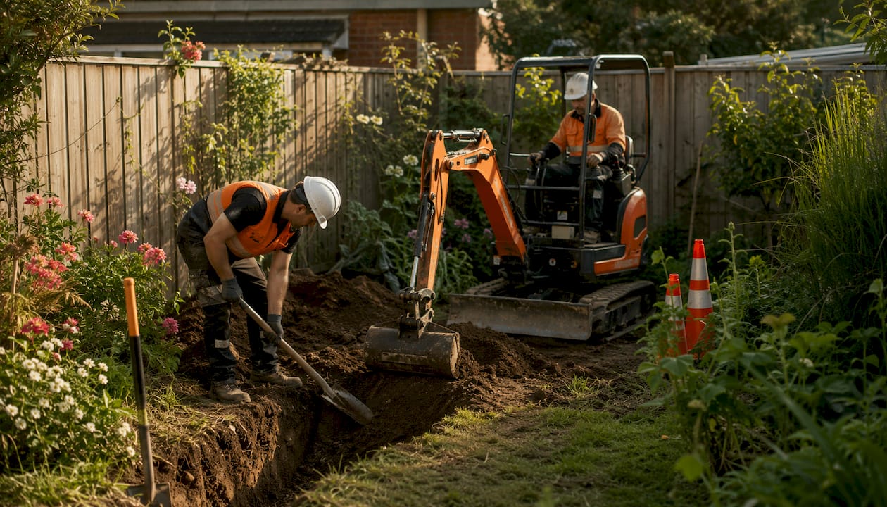 Workers digging trench behind retaining wall