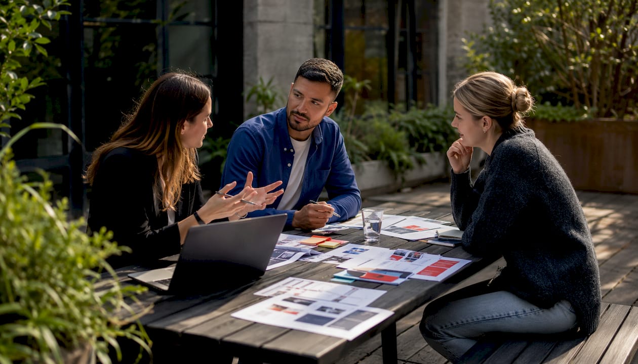Hands discuss marketing services over design mockups