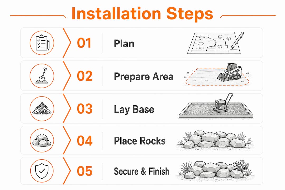 Infographic showing step-by-step rock edging installation