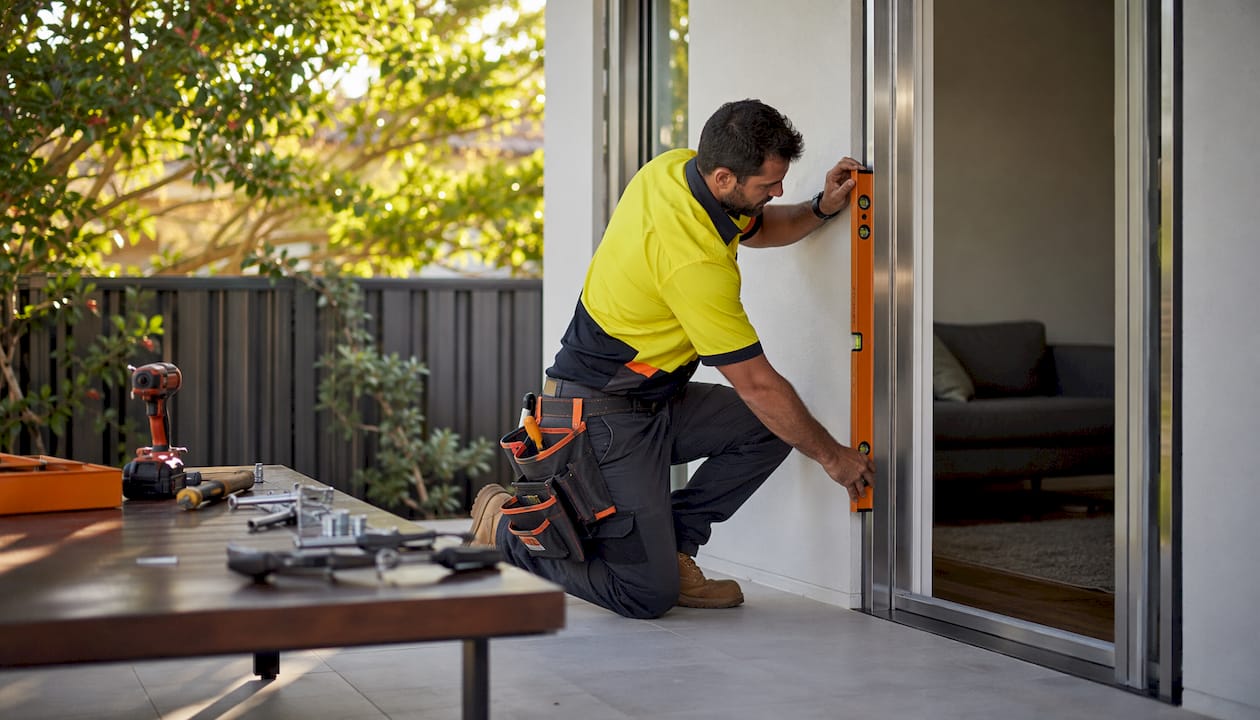 Installer fitting security door frame on doorway