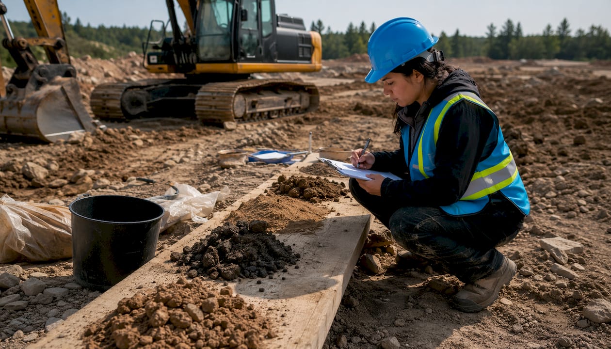 Engineer inspecting soil samples near excavation machinery