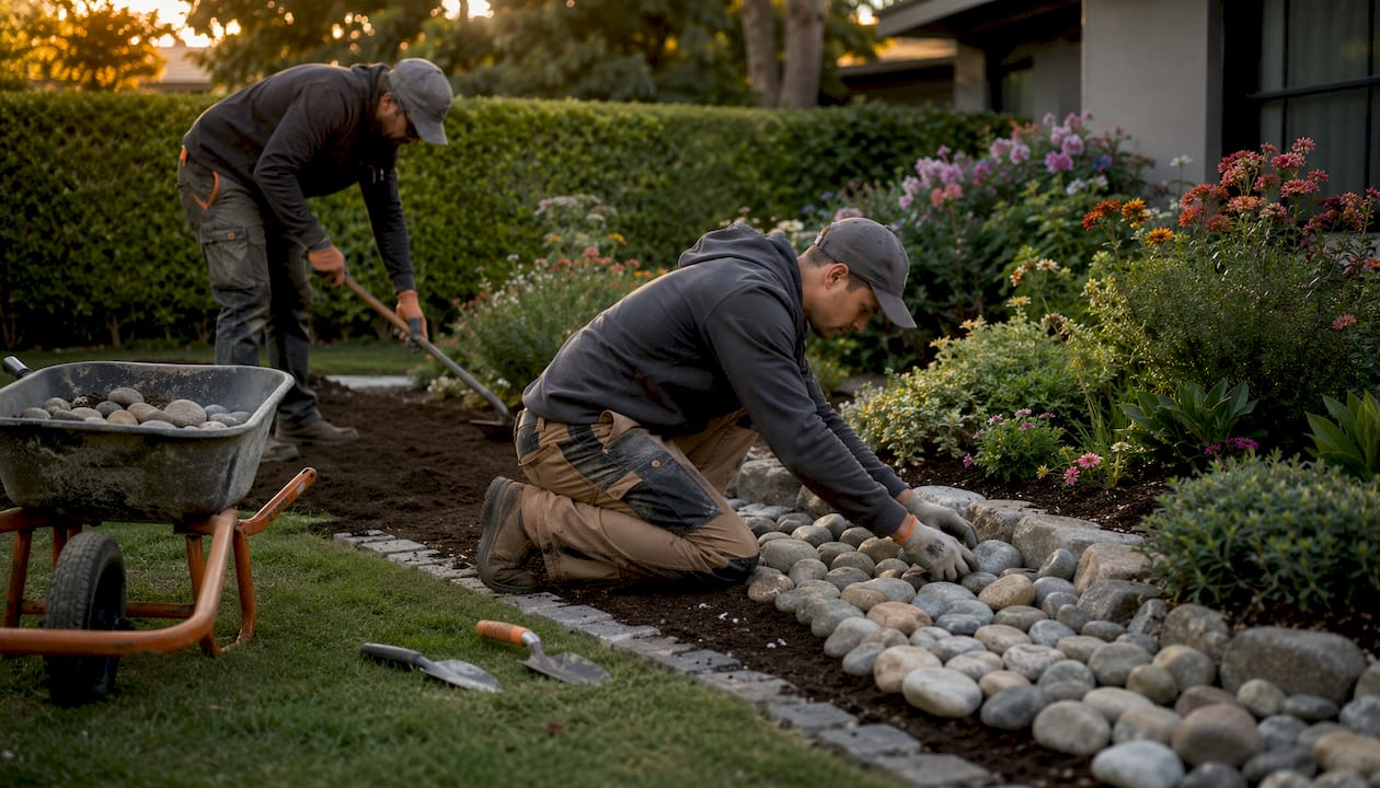 Landscapers installing decorative rocks in garden