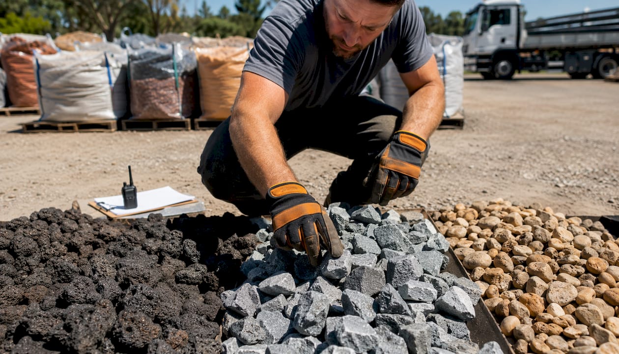 Contractor handling landscaping rocks at supply site