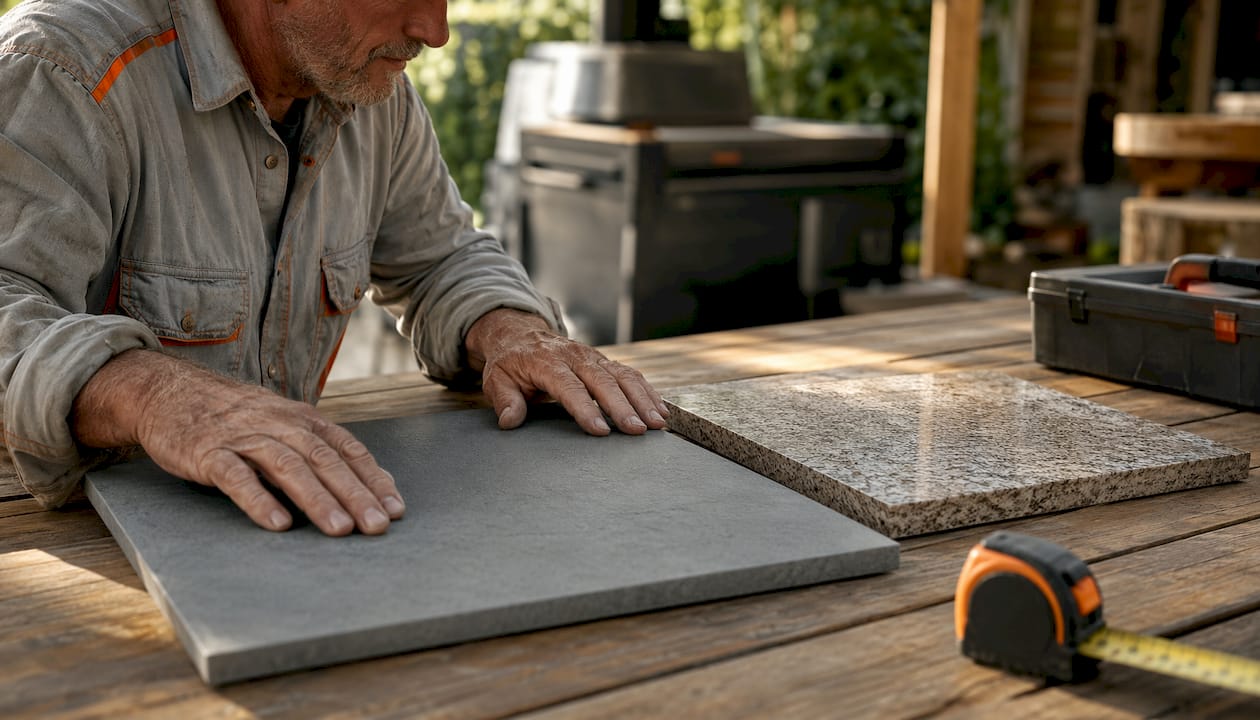 Contractor hands comparing stone finishes outdoors