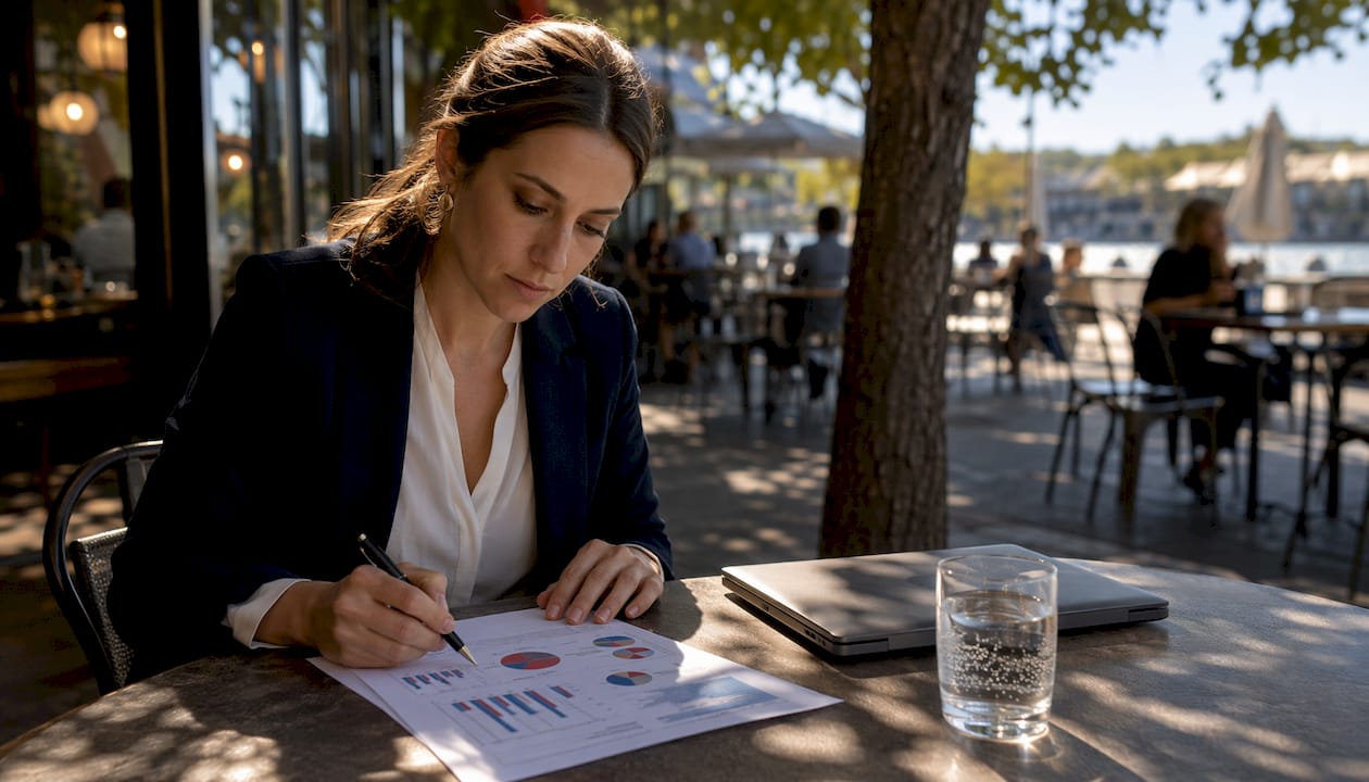 Financial advisor reviewing marketing budget documents
