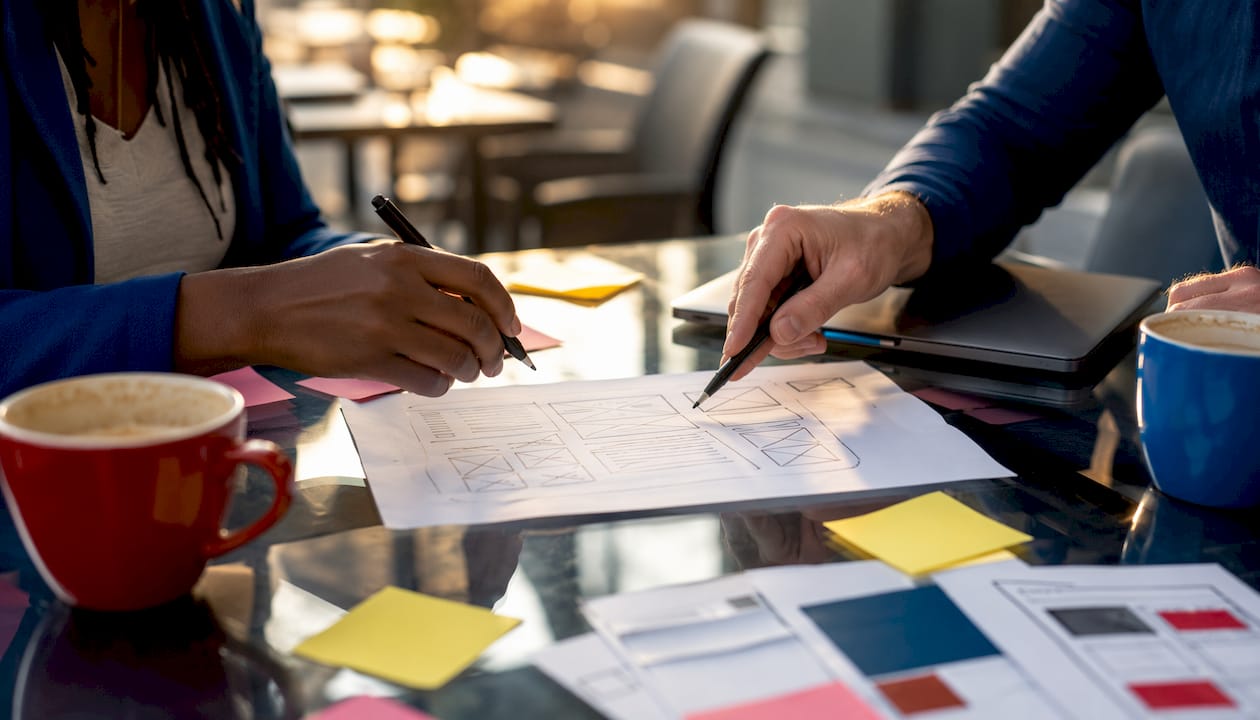 Hands pointing at landing page wireframe sketches