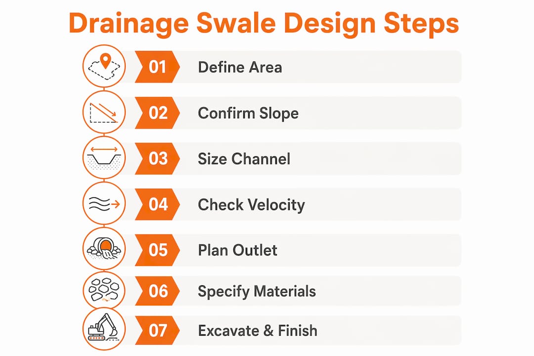 Infographic showing step-by-step drainage swale design process