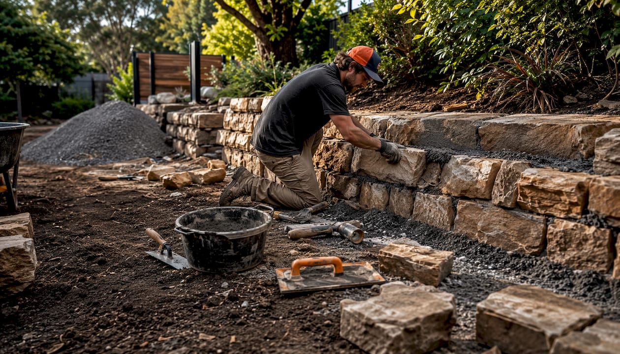 Hands installing natural stone retaining wall