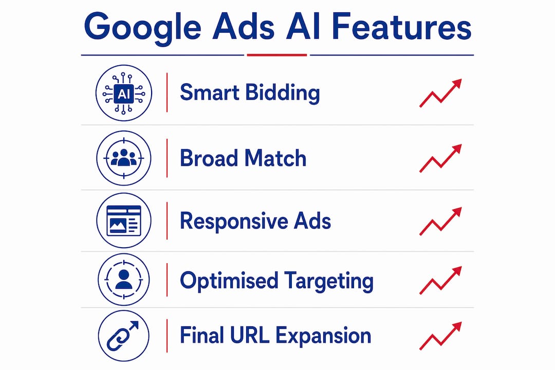 Infographic outlining key Google Ads AI features