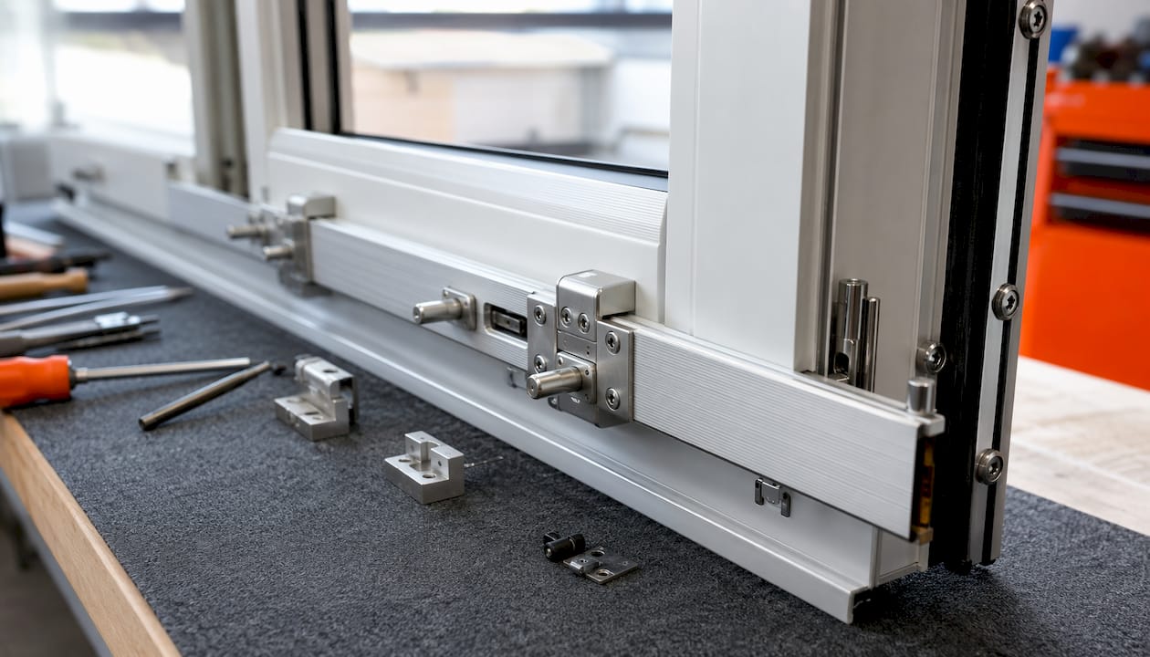 Close-up of bifold door locking hardware
