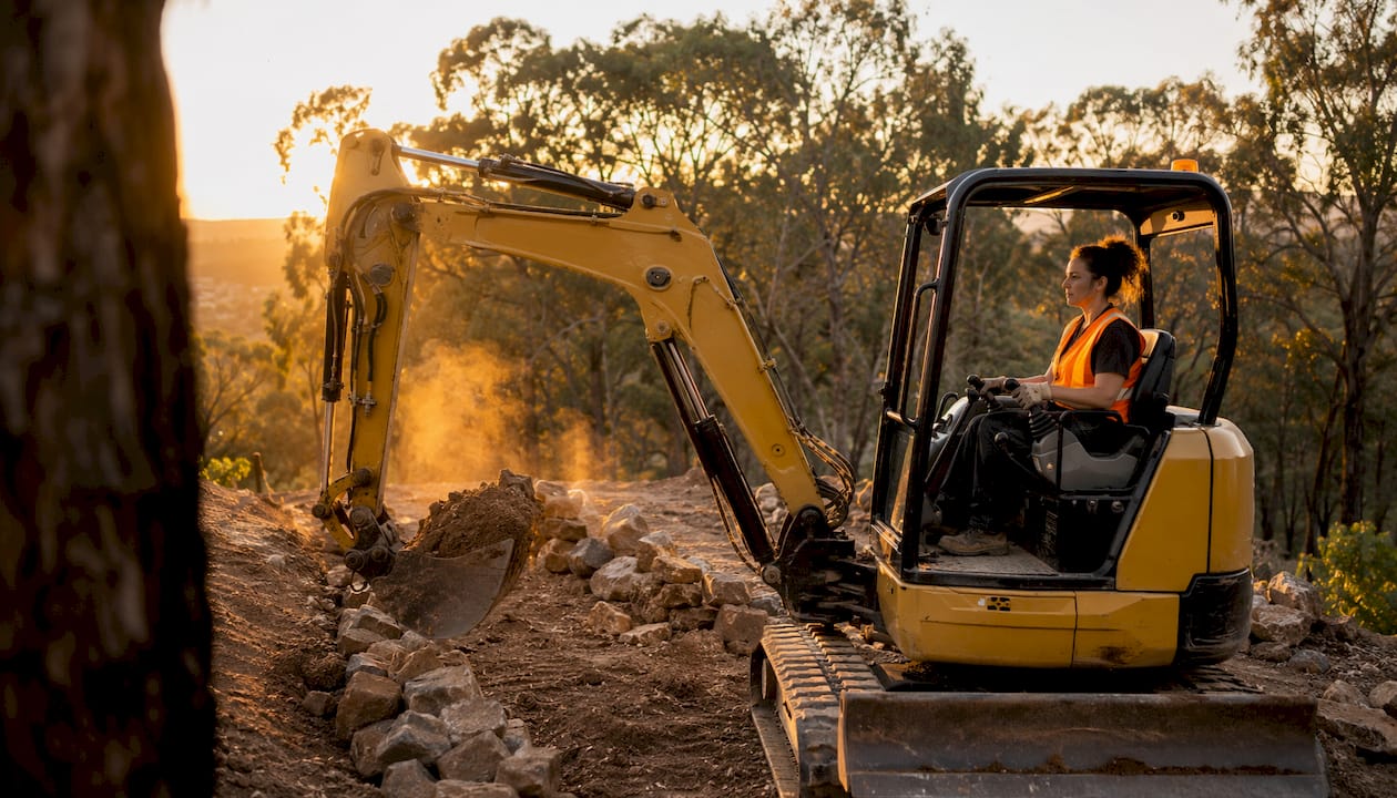 Excavator operator building firebreak wall