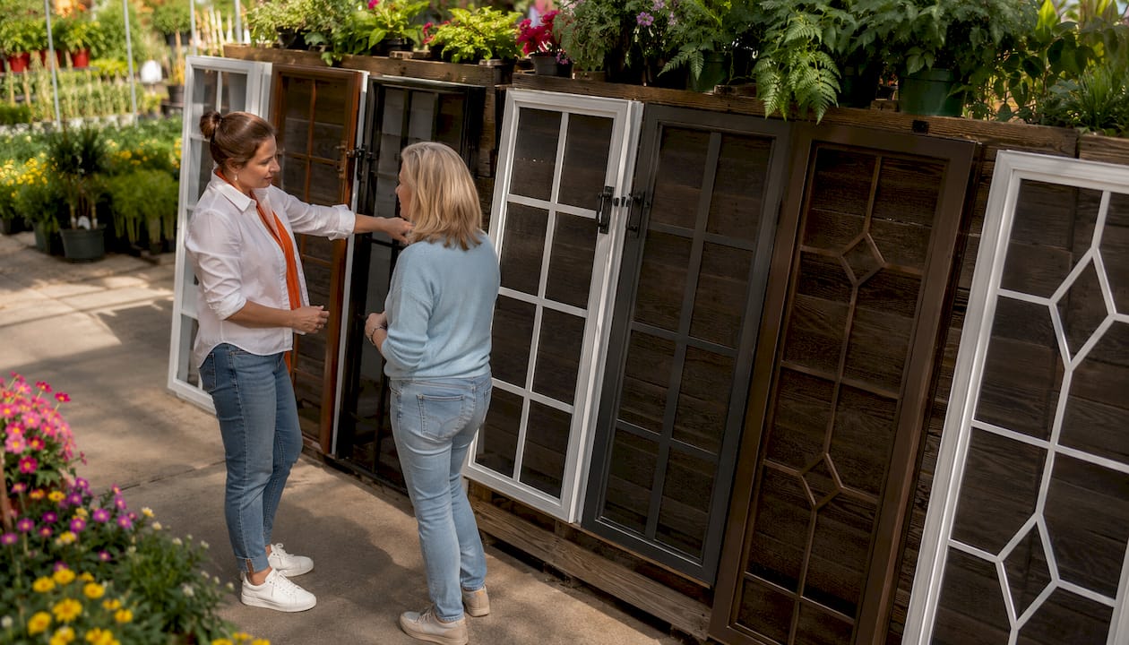 Different French door security screen frames in showroom