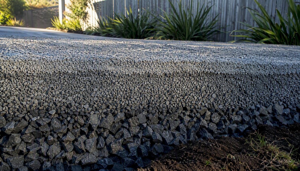 Cross-section of layered gravel in driveway construction site