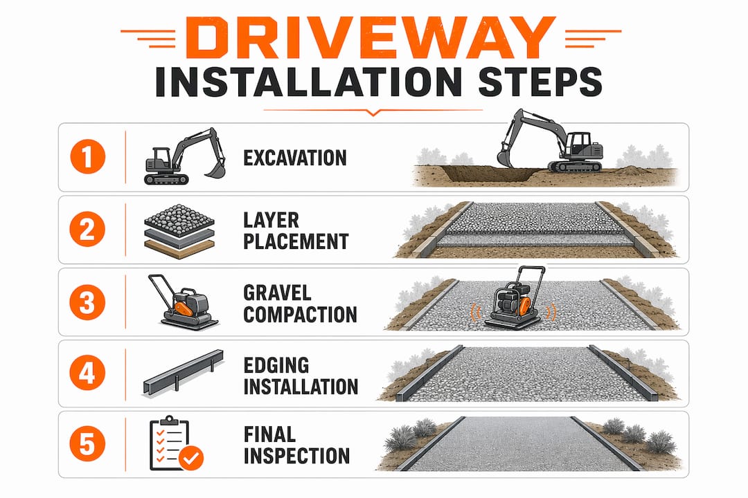 Infographic illustrating gravel driveway installation process steps