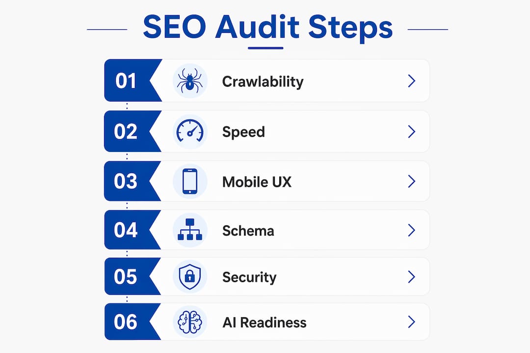 Infographic showing numbered steps of SEO technical audit