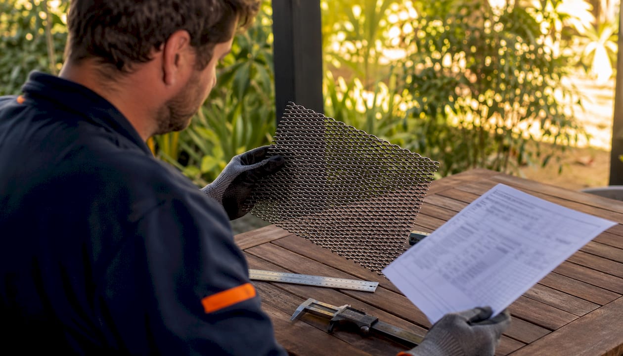 Close-up of stainless steel mesh and tools