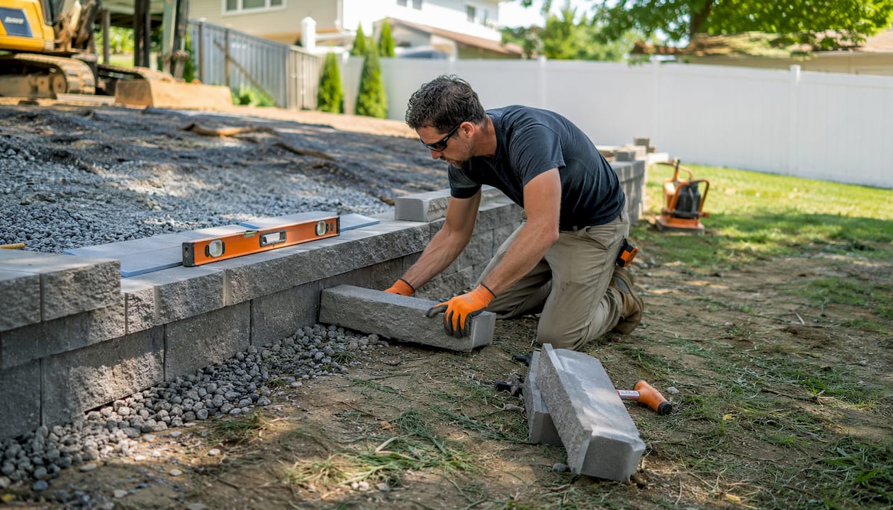 Worker fitting concrete block on driveway wall