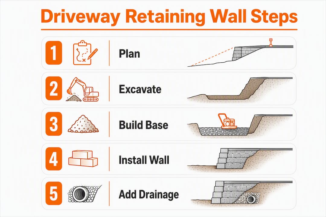 Infographic with steps to build a driveway retaining wall