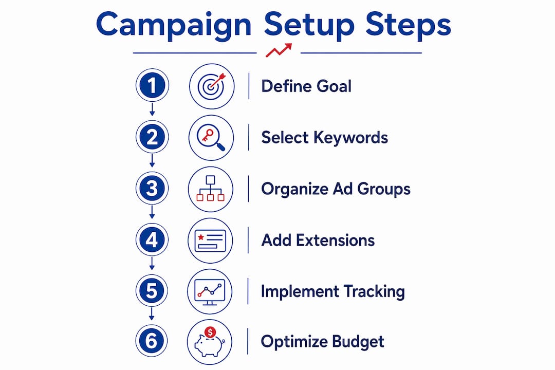 Infographic outlining Google Ads campaign setup steps