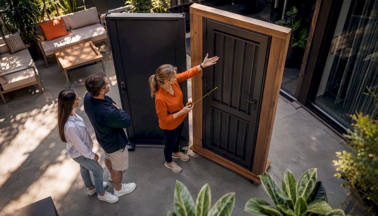 Sales consultant showing door options to couple