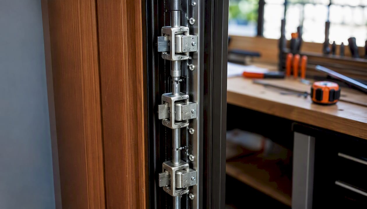 Close-up of triple lock mechanism inside door frame