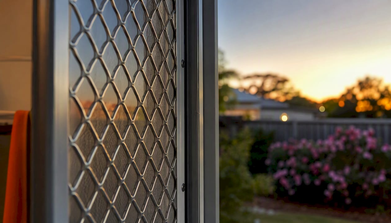 Close-up of stainless steel mesh on security door