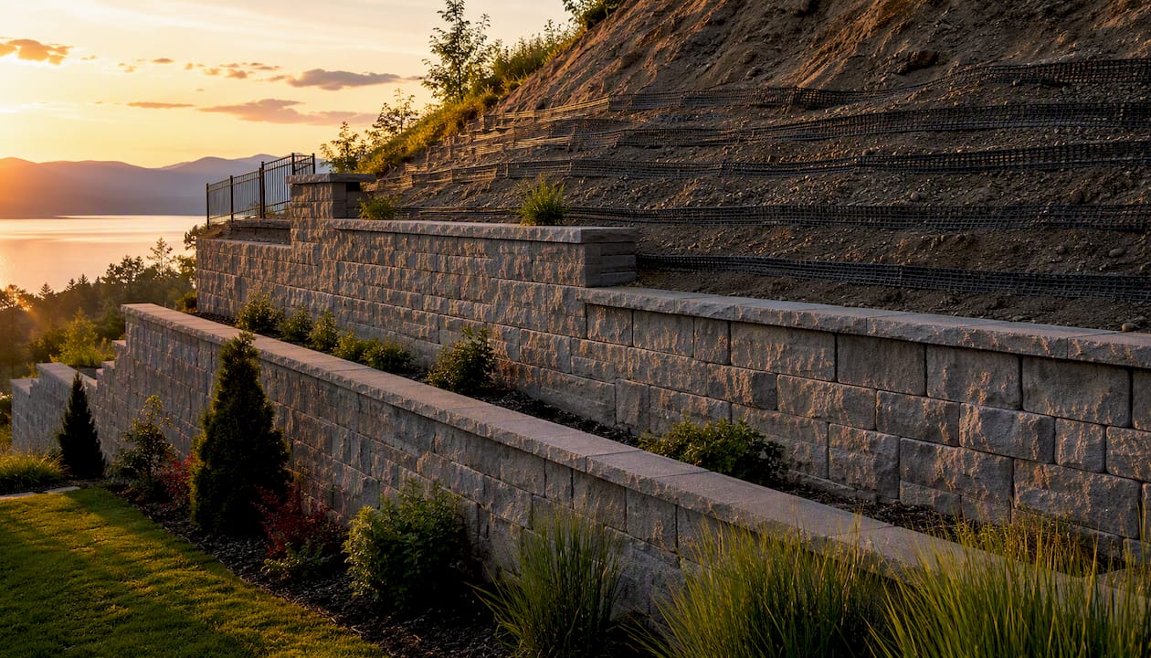 Steep slope with terraced retaining walls and geogrid
