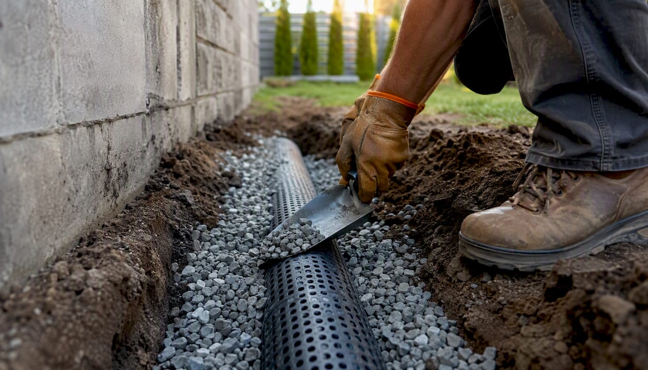 Hands installing retaining wall drainage pipe